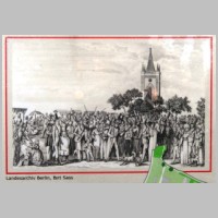 Berlin Stralau, Foto Assenmacher, Wikipedia, Historische Darstellung eines Festes vor der Dorfkirche in Stralau um 1830, aufgenommen auf einer öffentlich zugänglichen Hinweistafel im angrenzenden Wenden-Park.JPG